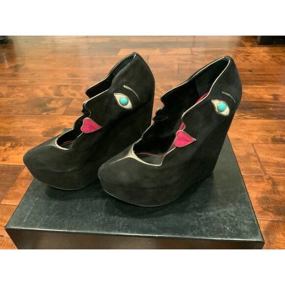Dolce & Gabbana Black Suede Lips Eyes Wedge Heels,  Size 6.5 (US), 36.5 (EUR) - Picture 1 of 9